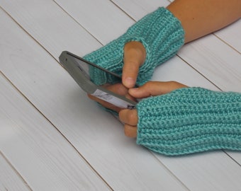 fingerless texting gloves arm and wrist warmers - textured crochet rib soft dusty light teal, super soft