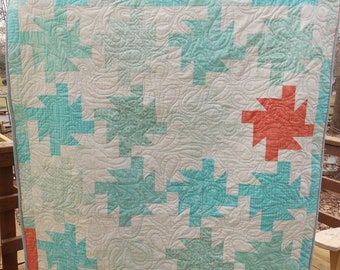 modern teal pinwheels lap throw quilt - cream and coral