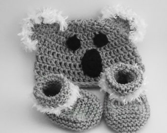 koala bear hat with fuzzy ears newborn baby infant boy or girl crochet beanie cap and booties set