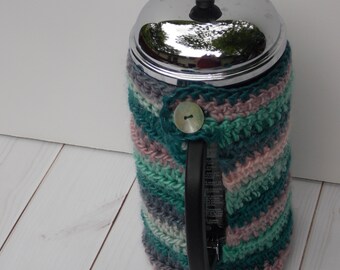French press coffee cozy cover, coffee pot warmer, cafetiere cosy -  sparkly pink, green, teal stripes