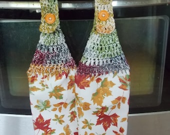 set of 2 hanging dish towels - autumn fall leaves for kitchen with crocheted tops and button