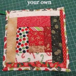 May include: A colorful, quilted potholder with a patchwork design. The potholder features various fabrics with red, green, white, and gold patterns, including polka dots, swirls, and candy canes. The text "PDF Tutorial to make your own" is at the top.
