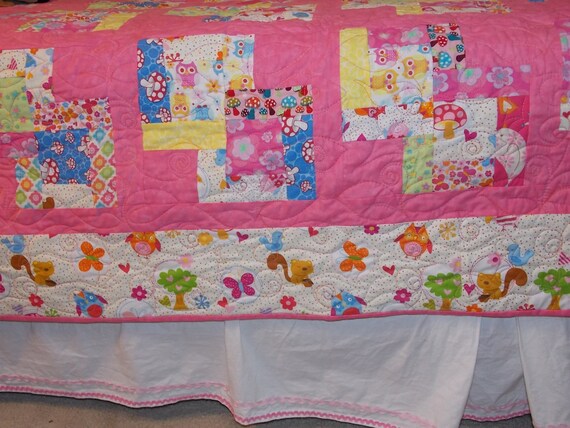 twin size quilt mushrooms girl forest woodland animals snails owls toadstools squirrels birds butterflies
