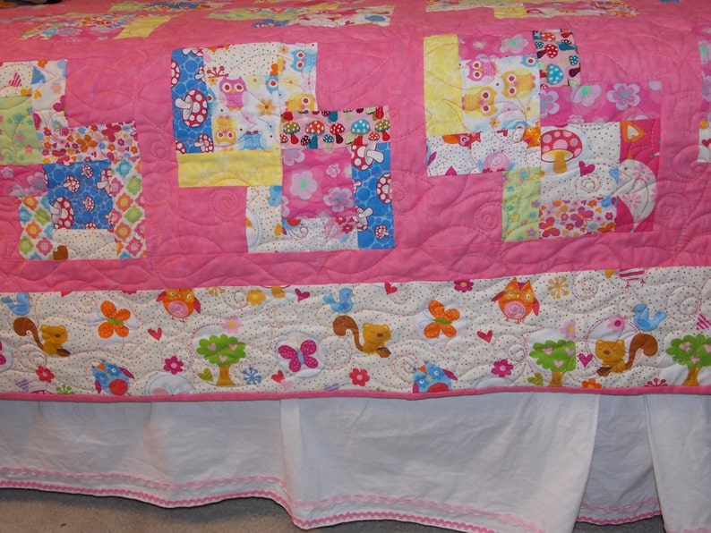 twin size quilt mushrooms girl forest woodland animals snails owls toadstools squirrels birds butterflies