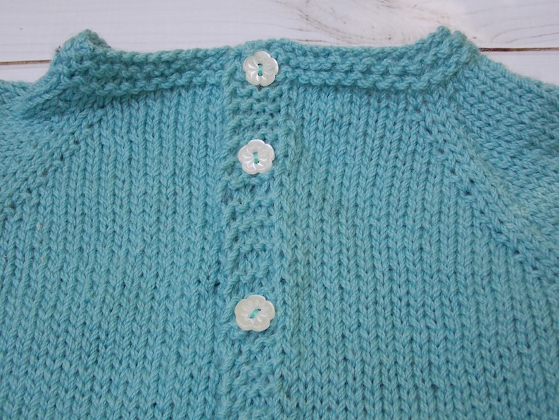hand knit from Australian wool pale light teal baby girl cardigan sweater newborn infant jumper 0-3 months