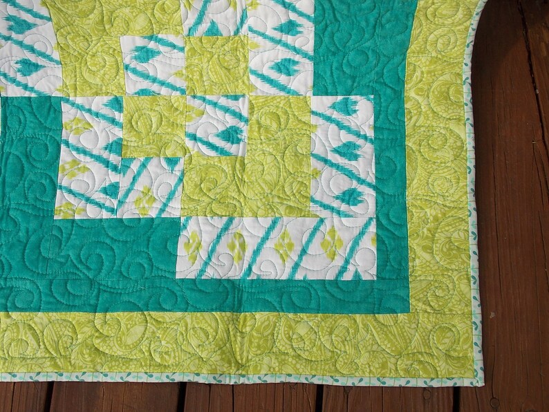 Lap throw quilt teal aqua lime green white large blocks | Etsy