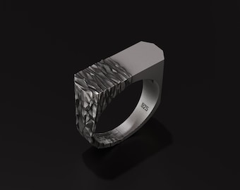 Anillo de plata de ley oxidada: Banda con textura geométrica brutalista