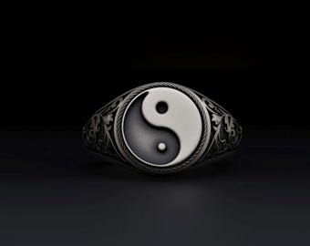 Handmade Sterling Silver Yin Yang Ring: Oxidized Symbol Band