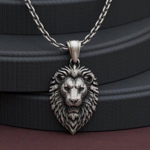Handmade terling Silver King Lion Necklace, Lion Head With Crown Pure Silver Pendant,Wild Animals Silver Jewelry,925 Men Necklace