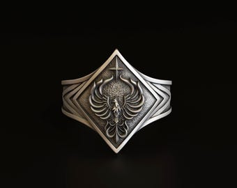 Oxidized Sterling Silver Phoenix Ring: Gothic Rebirth Symbol Jewelry