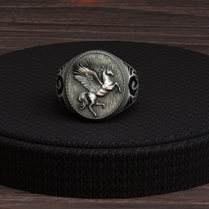Sterling 925 Silver Pegasus Ring,Handmade Silver Fantazy Ring,Dragon Paterned Ring,Horse With Wings Men Ring,Flying Horse Pure Silver Ring