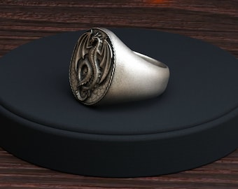 Sterling Silber Drachen Ring, handgemachte Drachen Siegelring, Fantasy Style Ring, handgemachter Schmuck, personalisierter Tierring, Geschenk für ihn