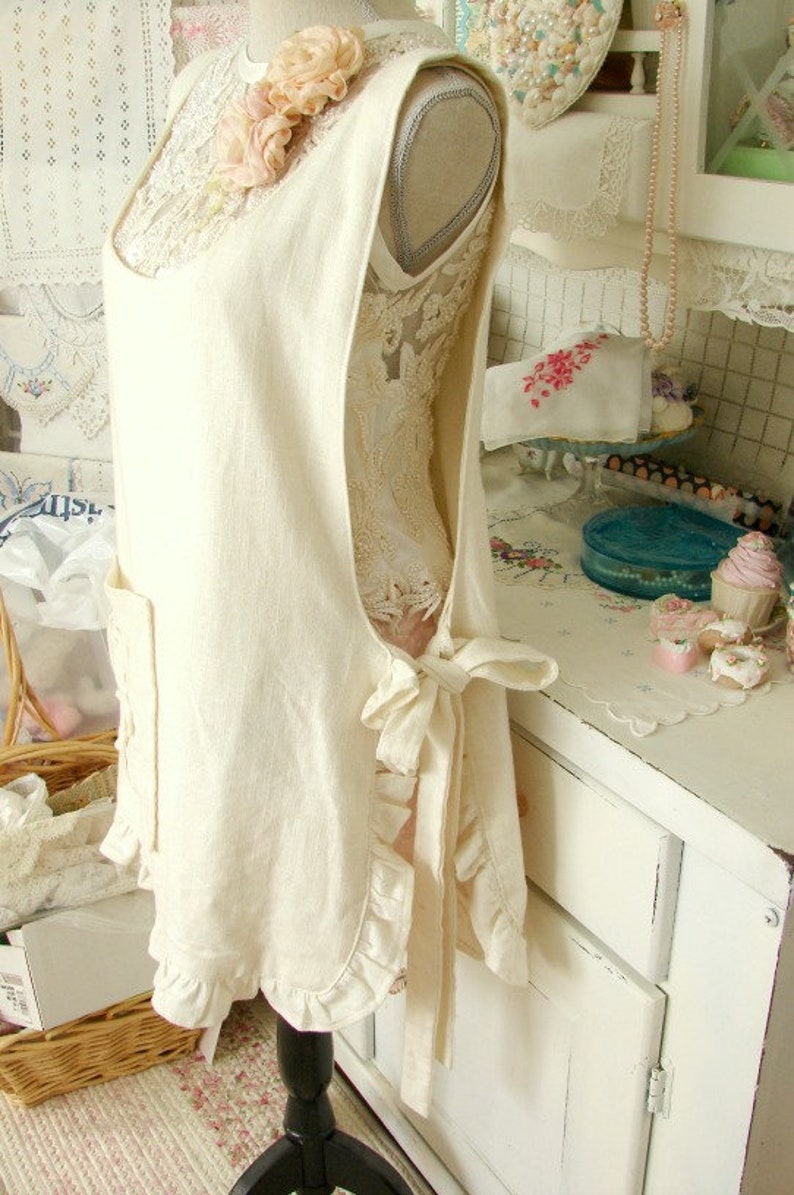 Tunic Workdress Off-White Ruffled Smock Womens Pinafore Apron Unique style apron Lagenlook Smock OSFA Side Tie Cotton Apron