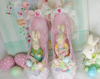 Vintage Pink En Point Ballet Slippers with Easter Bunny Decor, Easter, Bunnies, Wall Hanging, Cottage Chic, Home Decor