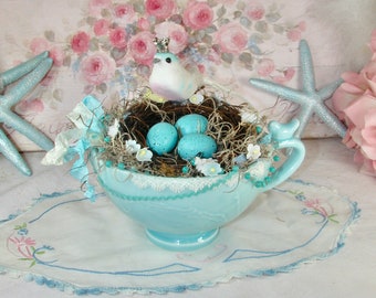 Bluebird Momma in Nest with Baby Eggs, Spring Assemblage Centerpiece