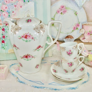 Antique Chocolate Pot Set with Two Cups and Saucers, Unmarked German or Austrian