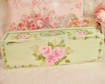 Hand-painted Shabby Chic Pink and Green Roses Lidded Storage, Treasure Box