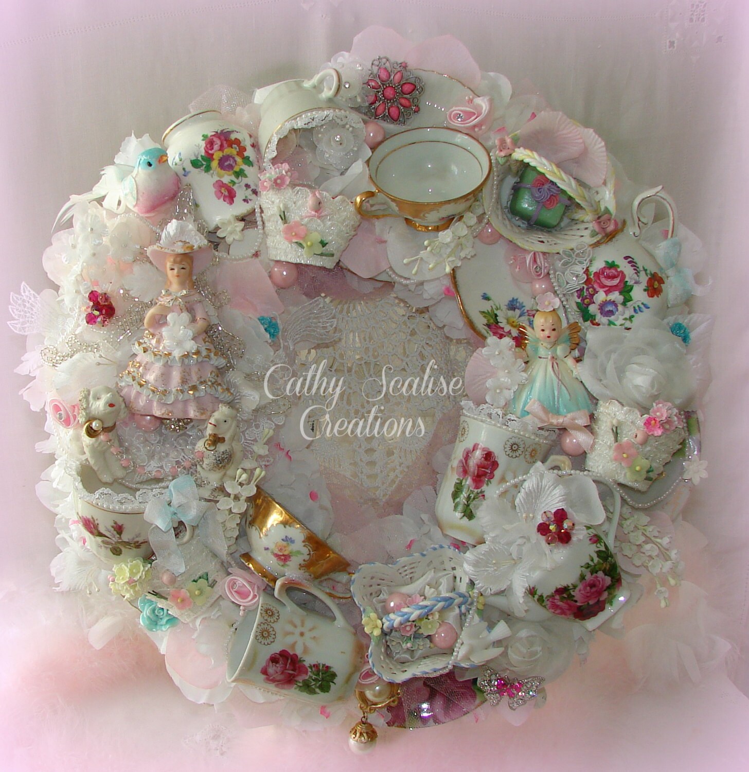 Vintage Tea Cup Wreath Bone China Teacup Wreath Lefton Pink Etsy
