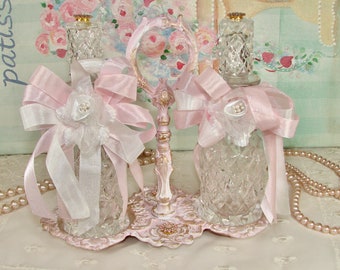 Double Glass Pink Decorated Perfume Bottles in Pink and Gold Tray