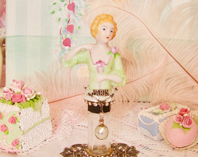 Vintage Paris Porcelain Half Doll Perfume Bottle, Altered Vanity Bottle