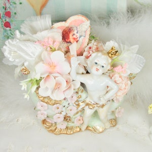 Vintage Cherub Silk Roses Victorian Centerpiece Arrangement Romantic Home Decor Assemblage