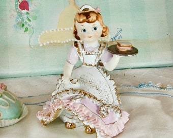 Rare Vintage Bloomer Girl Waitress Figurine, Collectible Shabby Pink Shabby Chic Home Decor