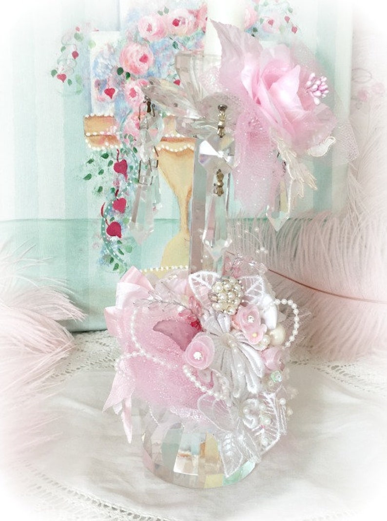 German Crystal Candle Holder Pink Roses and Bridal Lace Etsy