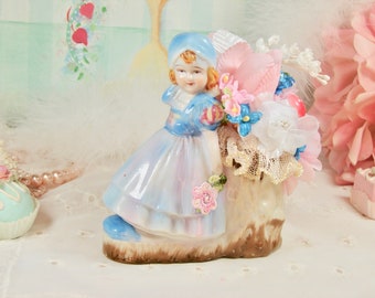 Little Blue Girl with Pastel Silk Flowers Centerpiece, Shabby Chic Home Decor