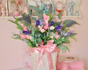 White Wicker Basket with Faux Lavender and Tulip Floral Arrangement, Indoor/Outdoor Home Decor