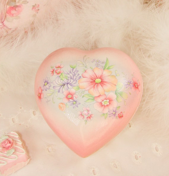 Vintage Italian Pink Heart Floral Trinket Dish, J… - image 1