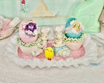 Vintage Milk Glass Easter Bunnies with Glittered Eggs Centerpiece