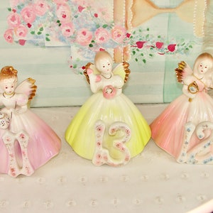 Vintage Josef Large Angel Birthday Girl Figurine, Eleven Sewing Girl, Twelve Girl with Mirror, Thirteen Girl with Telephone