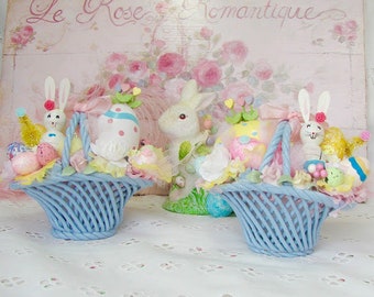 Bone China Italian Woven Basket Easter Centerpieces with Vintage Bunnies (Two), Spring Pastel Table Decoration