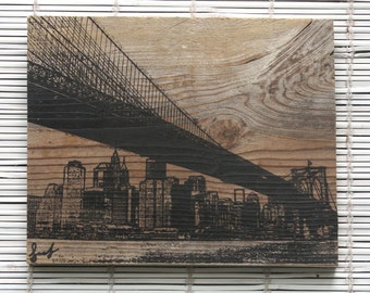 Brooklyn Bridge Wall Hanging on Reclaimed Barn Wood - 8"x10"