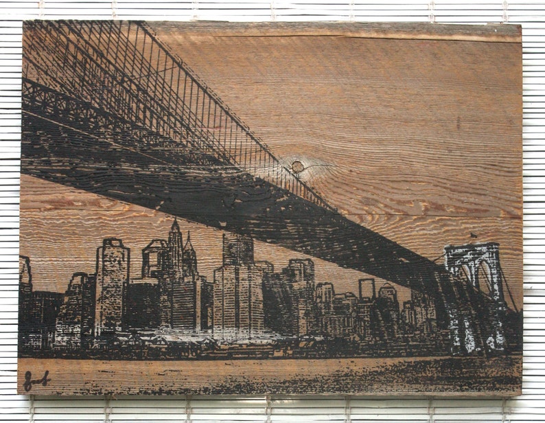 Brooklyn Bridge Wall Hanging on Reclaimed Barn Wood in Black image 2