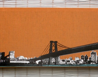 Brooklyn Skyline - Williamsburg Bridge Wall Hanging on Orange Stretched Linen