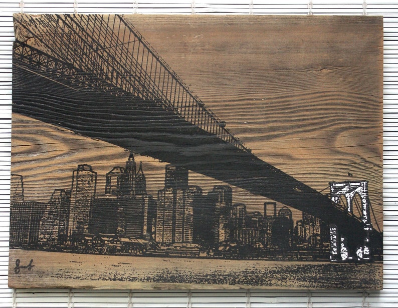 Brooklyn Bridge Wall Hanging on Reclaimed Barn Wood in Black image 3