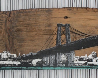 Brooklyn Skyline - Williamsburg Bridge Wall Hanging on Reclaimed Barn Wood