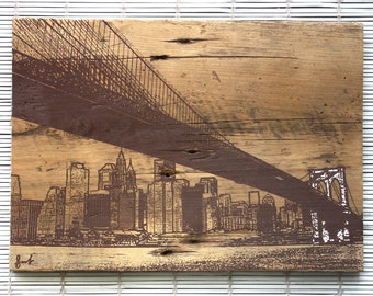 Brooklyn Bridge Wall Hanging on Reclaimed Barn Wood in Brown