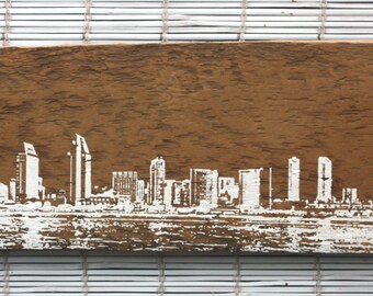 San Diego Skyline Wall Hanging on Reclaimed Barn Wood - 7"x18"