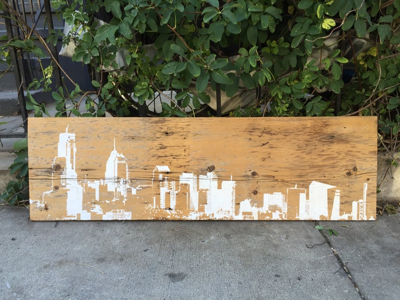 42 x 12 Philadelphia Skyline Wall Hanging on Reclaimed Barn Wood image 1