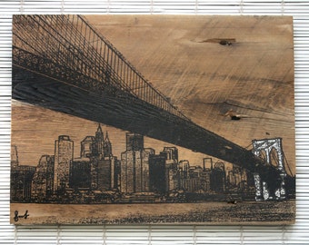 Brooklyn Bridge Wall Hanging on Reclaimed Barn Wood in Black