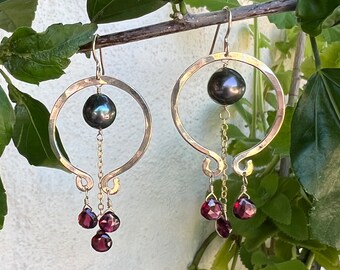 Tahitian Pearl & Garnet Horseshoe Chandelier Earrings