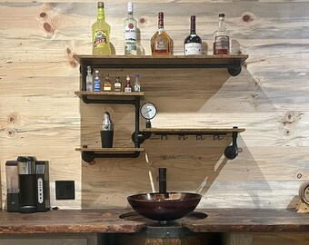 Super sturdy industrial pipe shelf wine rack, floating wine bar, wine display shelf ,bar decor, perfect father's day gift