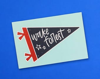 Wake Forest North Carolina pennant flag postcard, handmade, NC souvenir, travel keepsakes, Wake Forest art postcards, WF fun stationery