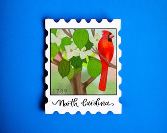 North Carolina stamp stickers for travel journal, Penpal gifts, NC souvenir, North Carolina state bird red cardinal sticker for laptop, Best