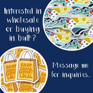 May include: A graphic of a shopping bag with the text "Shop Small Support Local" in yellow and orange on a white background. The graphic is surrounded by other shopping bags with the same text. The text "Message me for inquiries." is in black text on a blue background.