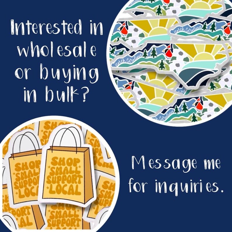 May include: A graphic of a shopping bag with the text "Shop Small Support Local" in yellow and orange on a white background. The graphic is surrounded by other shopping bags with the same text. The text "Message me for inquiries." is in black text on a blue background.