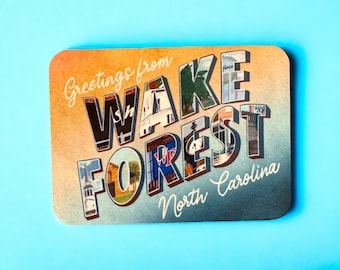 Wake Forest North Carolina magnets for whiteboard, Greetings from postcard style souvenir magnets for fridge, Travel gifts for men, NC made