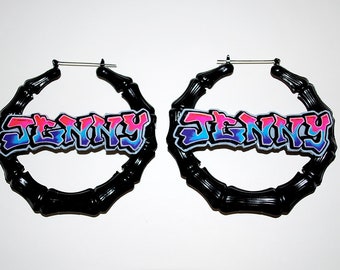 Graffiti Custom Original Personalized Nameplate Bamboo Door Knocker Earrings Old School Hip Hop 80's Street Wear by TAG'dbybeebles